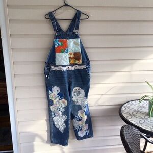 Upcycled Old Navy overalls sz 12 True vintage quilt blocks boho festival hippie